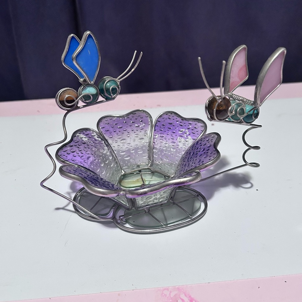 Vintage Handmade stained glass and wire butterfly tealight candle holder
